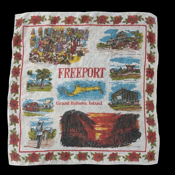 Vintage Freeport Grand Bahama Island Souvenir Scarf Shear Tropical Map Red - Picture 2 of 11